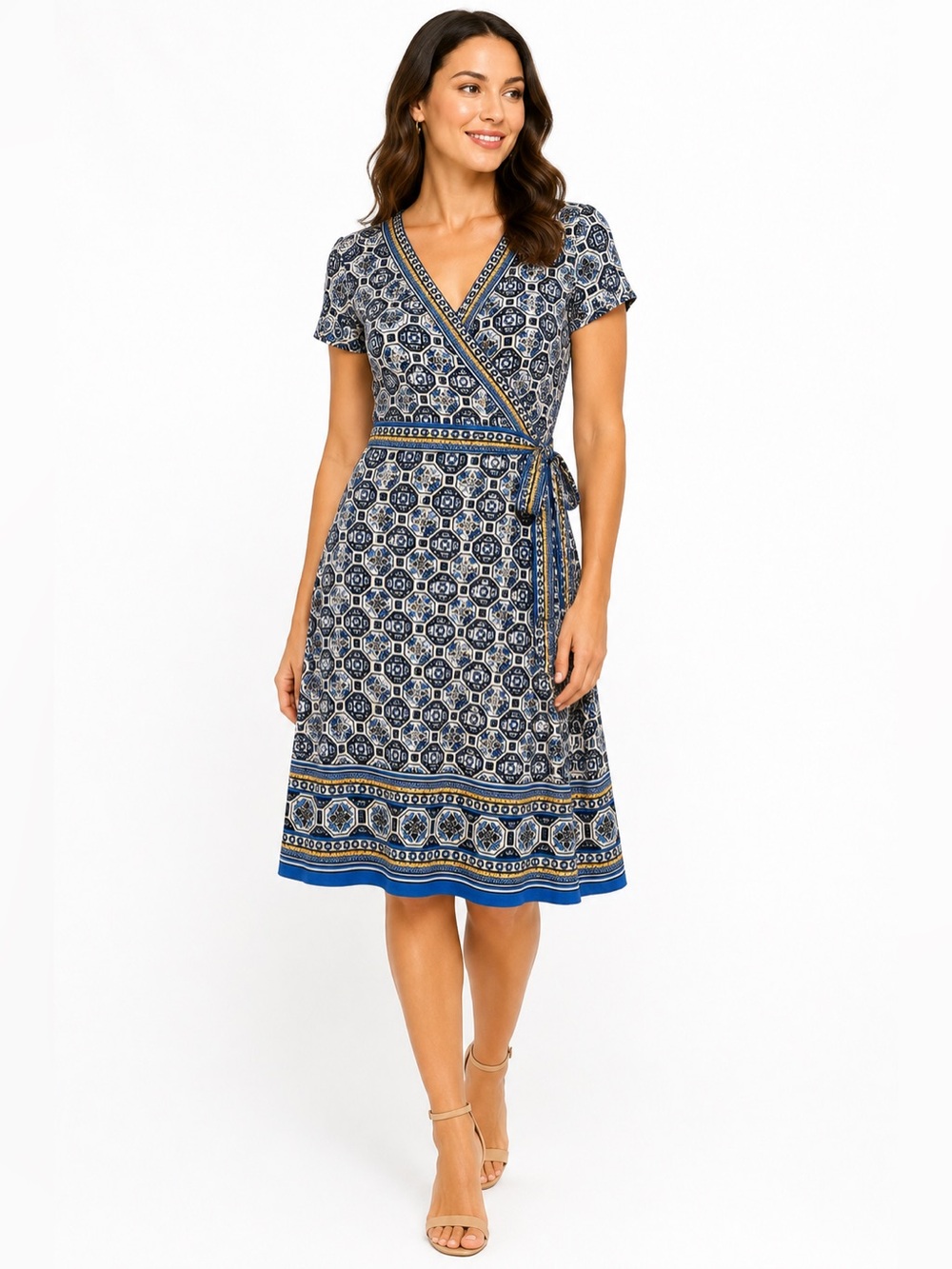 Max Studio Large Faux Wrap Dress Blue Geometric Print Side Tie Stretch